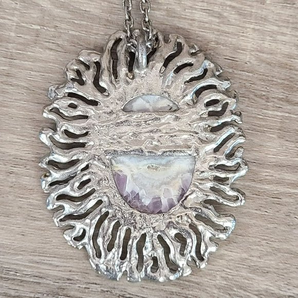 Vintage Sunburst Lavender Purple Cabochon Stone Pendant Necklace 28" Silvertone - Picture 5 of 7